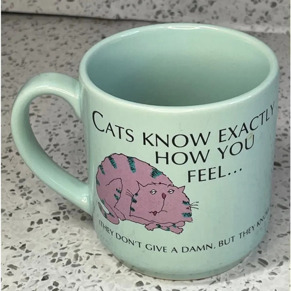 Vintage Carlton Cards Blue Mug "Cats Know How You Feel They Don't Give A Damn" - Picture 2 of 5